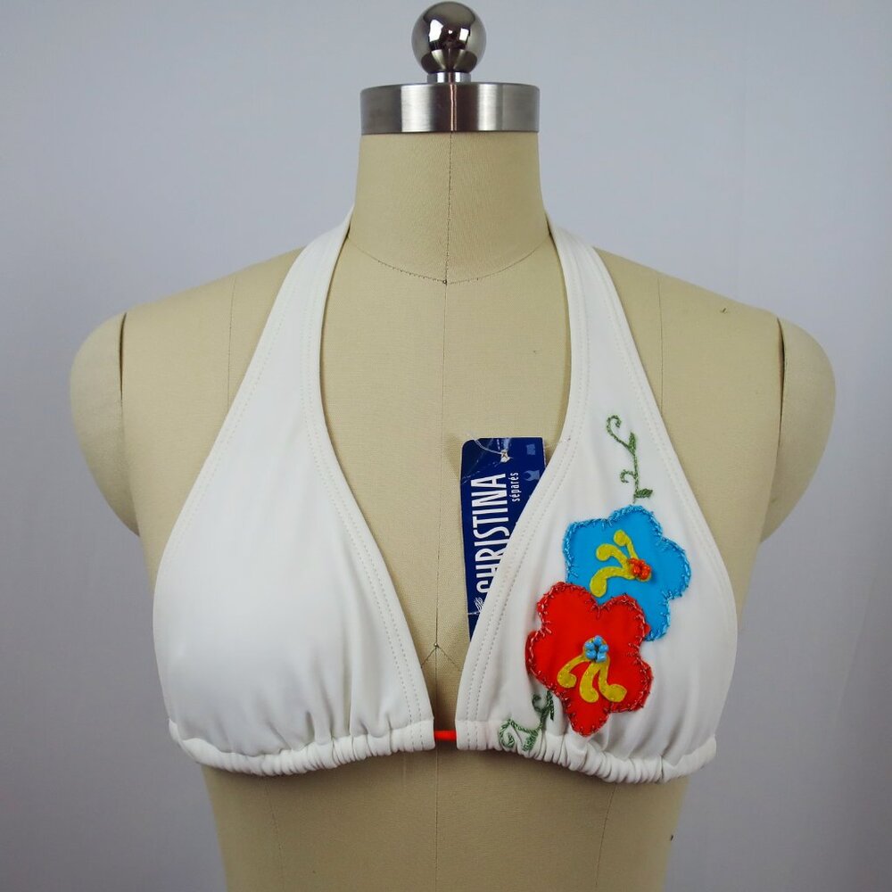 Christina 2-Piece Swimsuit White with Floral Appliqué Beading Embroidery Size M